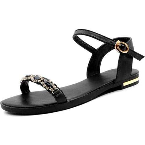 Plus size 34-46 New genuine leather sandals women shoes fashion flat sandals cow leather summer rhinestone ladies shoes