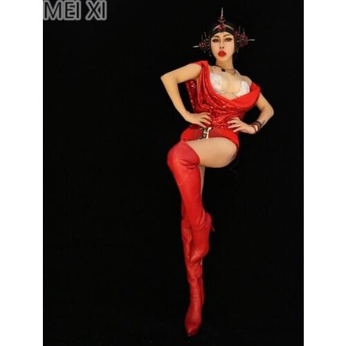 Sexy GAGA red shiny fabric deep V jumpsuit party nightclub bar concert DJ singer/dancer costume