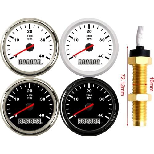 85mm Gauge Car Boat M16/M18 Tacho Sensor Marine Tacho Meter with LCD Hourmeter 4000 RPM Boat Tachometer 12V/24V Red Backlight