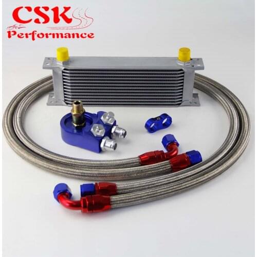 Universal 13 Row 248mm AN10 Engine Transmission Oil Cooler British Type + Aluminum Filter Adapter Kit Blue