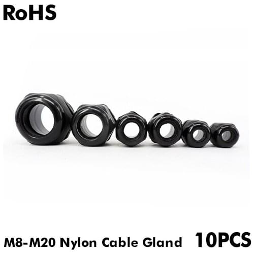 Waterproof Cable Gland 10pcs Cable entry IP68 M8 for 2-4.8mm M10 M12 M16 M18 M20 Gray Black Nylon Plastic Connector