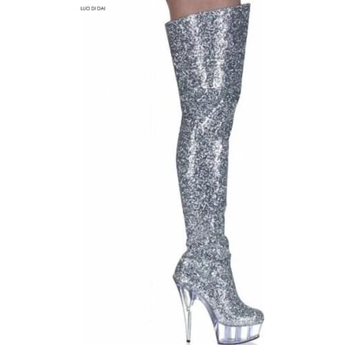 2019 glitter ladies long boots shiny bling bling boots zip up over knee high women booties thin heel thigh high platform booties