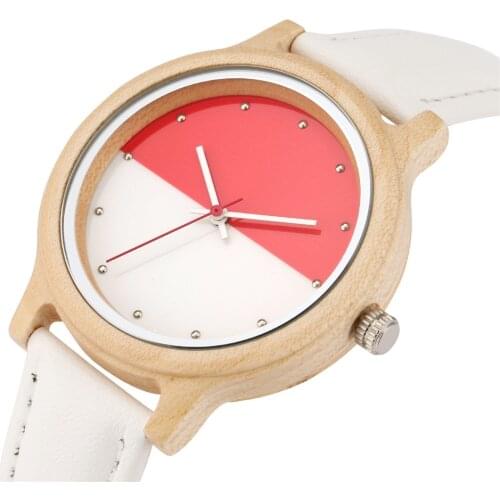 Genuine Leather Maple Wood Womens Watches Elegant Mixed Double Colors Display Round Dial Female Quartz Wristwatch New 2020