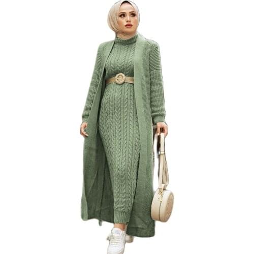 2 Pieces Woman Knitted Suit, Long Cardigan and Maxi dress Muslim Islamic Fashion Islamic Clothing Turkey Hijab Abaya Dubai 2021