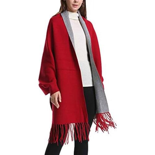 Women Poncho Shawl Wrap Tassels Thick Warm Pashmina with Sleeves -OPK