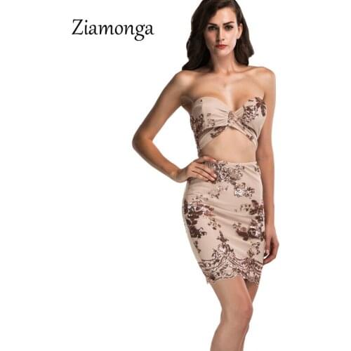 Ziamonga Sexy Party Night Sequined Bandage Dress Women Strapless Elegant Vintage Dress Shinning Sequined Hollow Party Vestidos