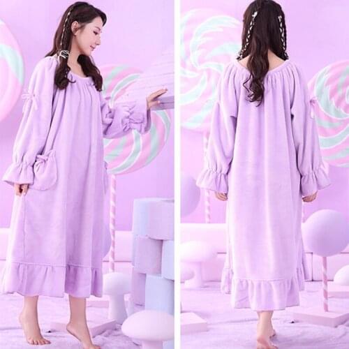 Winter Ladies Long Sleeves Thickened Warm Lovely Sweet Nightdress Flannel Princess Loose Long Nightdress Sleepwear Home Dress