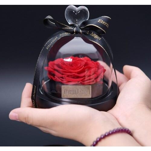 Fashion Romantic Eternal Dried Rose Flower with Glass Cover for Valentines Day Gift