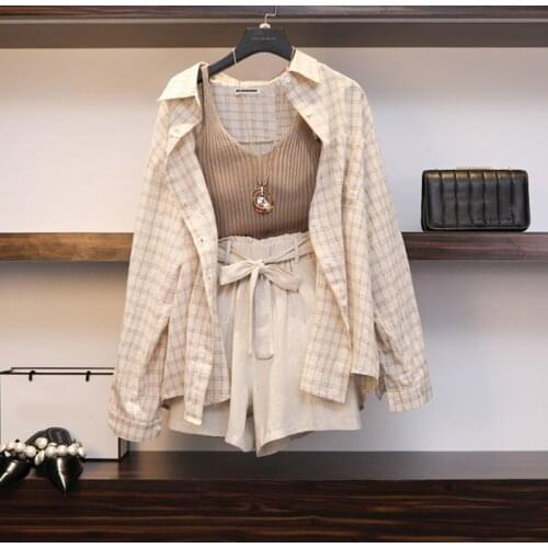 2021 Spring Summer Women Three piece sets Casual Linen Plaid Tops + Shorts Elastic Waist Wide Leg Pants Suit Set 3 Piece Set