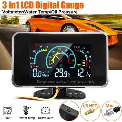3 In 1 LCD Car Digital Gauge Voltmeter Oil Pressure Water Temp meter 1/8 NPT Oil Pressure sensor 12-24V