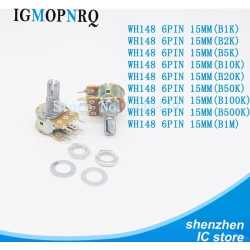 5pcs Dual Stereo Potentiometer B1K B2K B5K B10K B20K B50K B100 B500K shaft 15mm 15 shaft =15 6Pin Shaft WH148 Amplifier