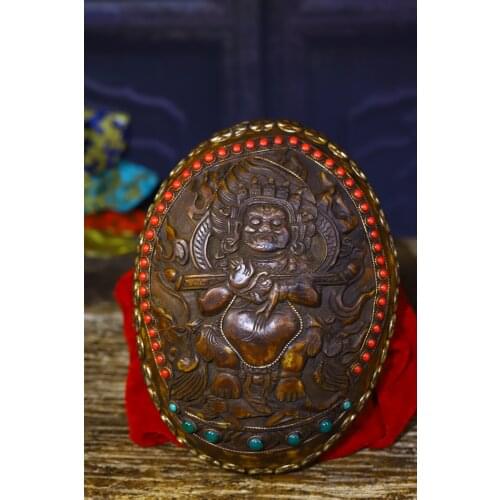 7" Tibet Buddhism Tibetan silver Filigree Gem Dzi Bead Mahakala Buddha statue Gabala Bowl Skull Bowl Exorcism Town House