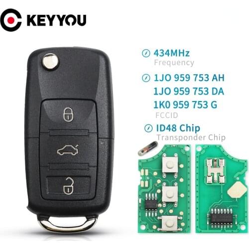 KEYYOU 3 Button Flip Remote Car Key Fob For VW PASSAT Polo Skoda Seat Polo Golf Beetle 1J0959753 DA/AH 1K0959753G 434Mhz ID48