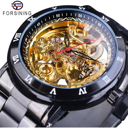 Forsining 2018 Retro Royal Flower Golden Skeleton Clock Red Black Pointers Stainless Steel Mens Automatic Watch Top Brand Luxury