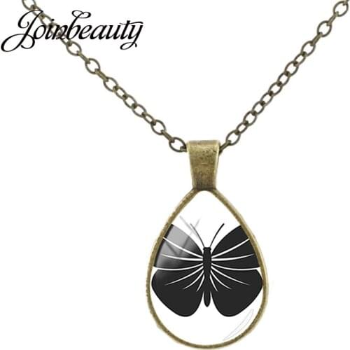 JOINBEAUTY Hot Black Butterfly Silhouette Photo Glass Cabochon Necklace Tear Drop Pendant Jewelry Retro Charm Women Gifts TX695