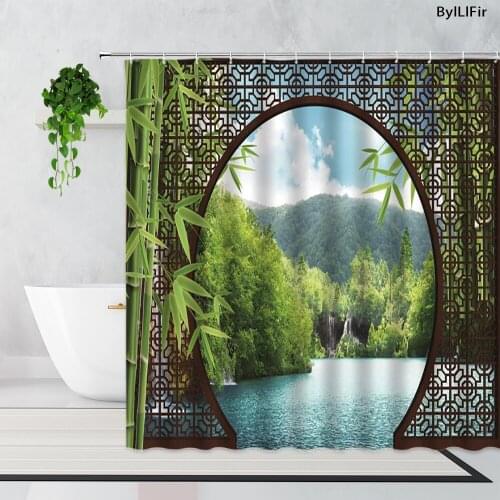 Chinese Arched Door Art Scenery Shower Curtains Green Bamboo Landscape Flowers Modern Design Bathroom Waterproof Bathtub Curtain