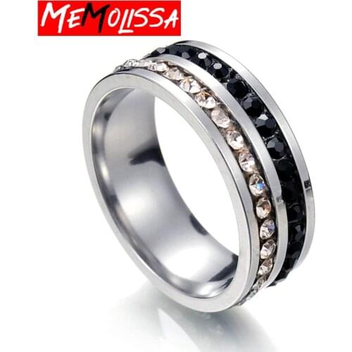 MeMolissa Black & Wihte 2 Row CZ Crystal Ring Stainless Steel High Grade Rings For Women Jewelry Gift 8MM