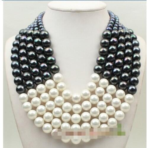Beautiful 5row 17" white&black shell pearl necklace earrings set