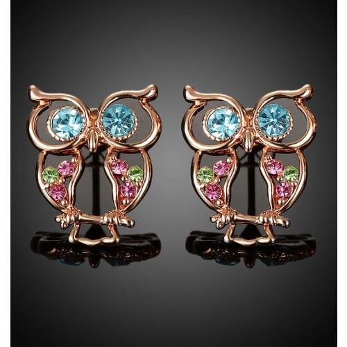 Trendy Blue Crystal Owl Stud Earrings for Women Rose Gold Color Wedding Party Fashion Jewelry Drop Shipping Wholesale