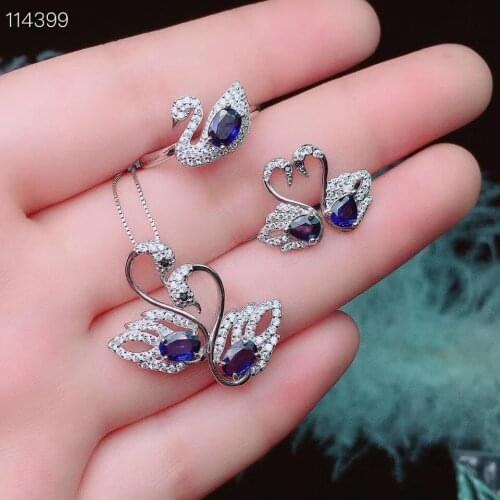 Wedding Best Gift Sapphire jewelry set Natural Real Sapphire 925 sterling silver 1pc pendant,1pc ring,2pcs Earring