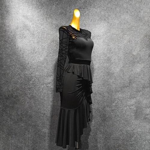 2020 New Long Sleeve Lace Design Latin Dance Dress Dancing Performance Women Dress Ballroom Samba Tango T046