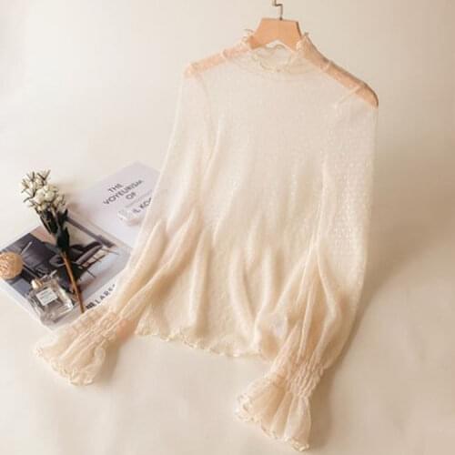 2020 New Womens Gauzy Shirt Long Sleeve Flared Sleeves restonic shan Sexy Sheer Mesh Tops