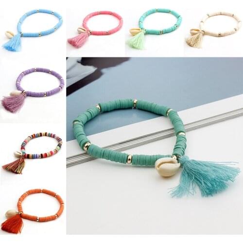 New Bohemian Shell Tassel Bracelet for Women Multicolor Ehthic Pendant Jewelry Statement Polymer Clay Anklet Chain Bracelet
