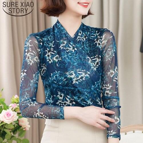 2021 Autumn Winter Cross V Collar Undershirt Woman Long Sleeves Gauze Women Shirt Slim Printed Lace Women Tops Blouses 6206 50