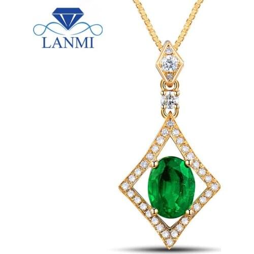 New Fashion Women Jewelry Design Oval 6x8mm 14Kt Yellow Gold Natural Emerald Pendant Necklace Genuine Gemstone WP040
