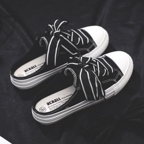 Girls Canvas Shoes Ribbon Lace Womens Korean-Style All-match White Shoes No Heel Loafers Slipper Slip-on Shoes Riband Sneakers