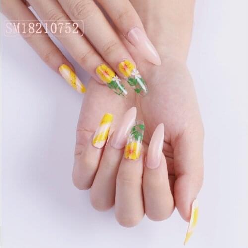 24pcs Yellow Chrysanthemum Nail Patch Glue Type Removable Long Paragraph Fashion Manicure Save Time False Nail Patch