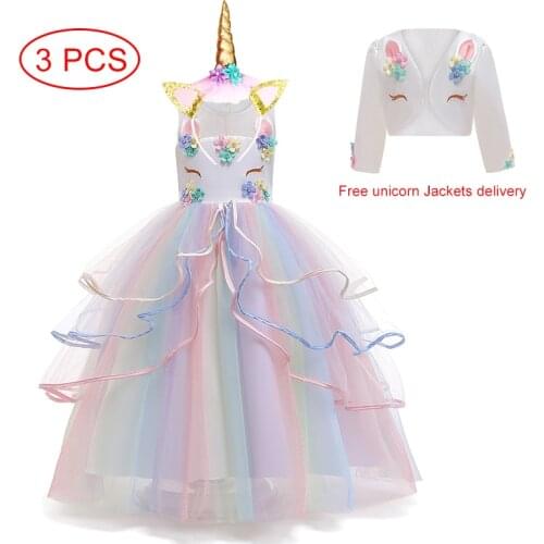 Cartoon Girls Unicorn Dress Set Colorful Net Yarn Costume New Halloween Ball Gown Princess Party Dresses+Unicorn Clothing Gift