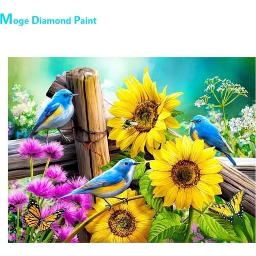Blue Birds and Flowers Diamond Painting Round Full Drill Sunflower Floral Animal Nouveaute DIY Mosaic Embroidery 5D Cross Stitch