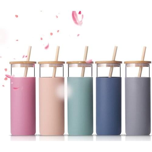 17oz Glass Water Bottle With Straw Lid Skinny Glass Tumbler Sippy Cup Tumbler Mini Cool Water Bottle Silicone Sleeve Bamboo Lid