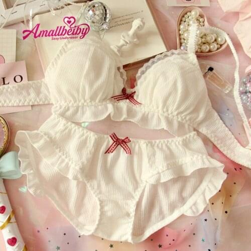 Japanese Soft Girl Lolita Girl Cotton Cute Princess Curling No Steel Ring Underwear Triangle Cup Bra Set Lingerie Set Sexy