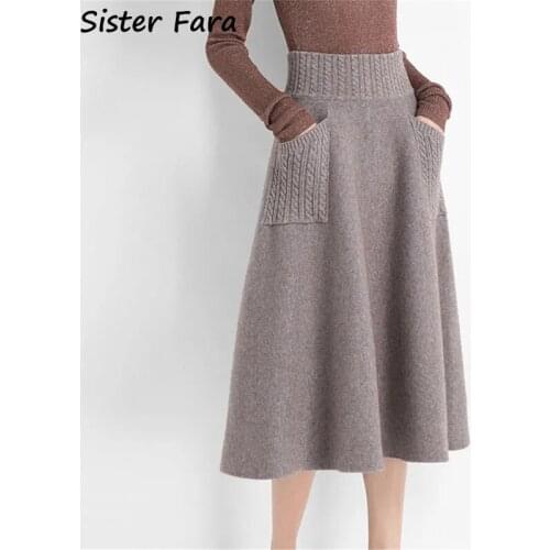 Sister Fara 2021 Autumn Winter Wool Knitting Long Skirts Women High Waist With Pocket Loose Female Solid Knit Mid-Calf Skirt