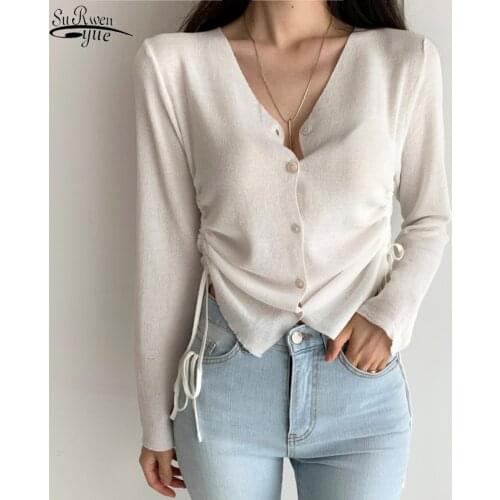2021 Autumn Summer Knitted V Neck Women Shirt Elegant Long Sleeve Cardigan Blouse Cropped Casual Thin Ice Silk Tops Blusas 16085