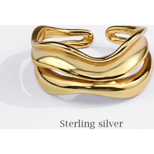 Sole Memory Hip Hop Punk Creative Golden Wave 925 Sterling Silver Female Resizable Opening Rings SRI842