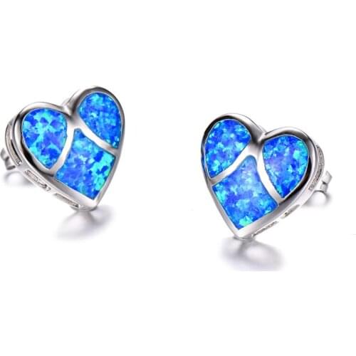 Girls Cute Heart Stud Earrings For Women 925 Sterling Silver Filled Purple Blue White Fire Opal Earrings Valentine Day Jewelry