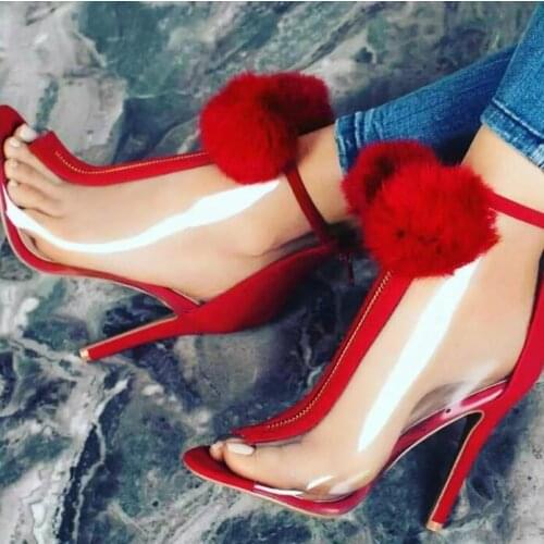 Spring Fashion Transpatrent PVC Women Peep Toe Ankle Boots Peep Toe Pom Pom Zipper Front Ladies High Heel Boots Sexy Dress Shoes
