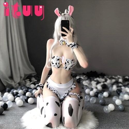 Girls Cow Cosplay Costume Lolita Maid Sexy Tankini Bikini Swimsuit Uniform Bra Panty Stockings 10PCS/Set