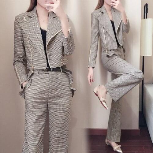 2019 autumn ladies suit new casual zipper short plaid suit jacket fashion slim trousers two-piece temperament womens clothing