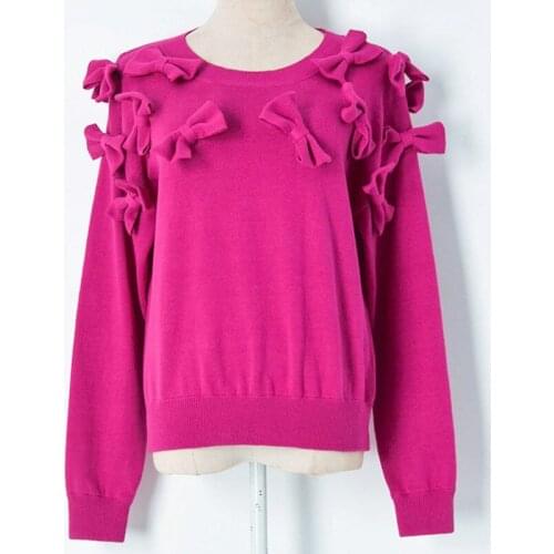 Brand Design 2021 New Runway O-Neck Clothes Top 3D Handmade Bow Knot Rose Red Ladies Sweet Elegant Sweater Women Jumper Pullover