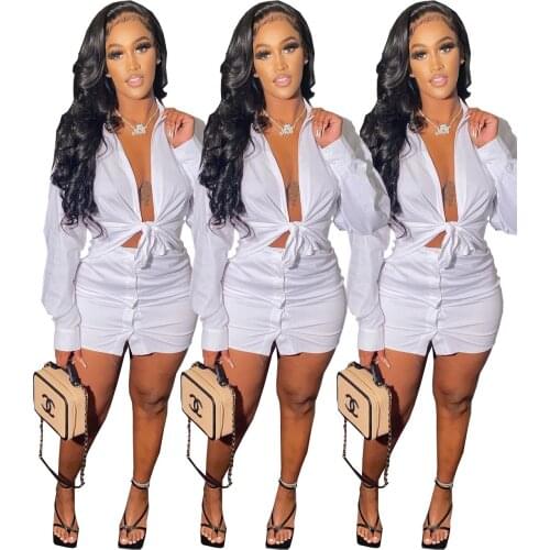 60A5219 European and American womens fashion casual solid color shirt button skirt two piece suit matching sets for women