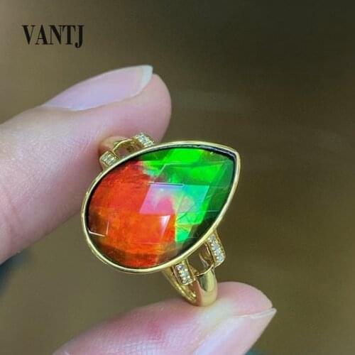 VANTJ Natural Ammolite Ring Sterling 14K Yellow Gold Ammonite Gemstone Diamond for Women Party Birthday Gift