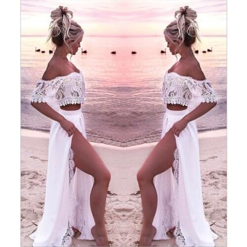 2 Two Piece Lace Bikini Cover Up Beach Dress Women Summer pareo Long Skirt Off Shoulder Crop Top Coverup Tunic Beachwear White