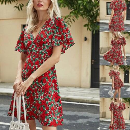 Women Short Sleeve Sexy V-Neck Flowy Dress Boho Red Floral Print A-Line Sundress Q39C
