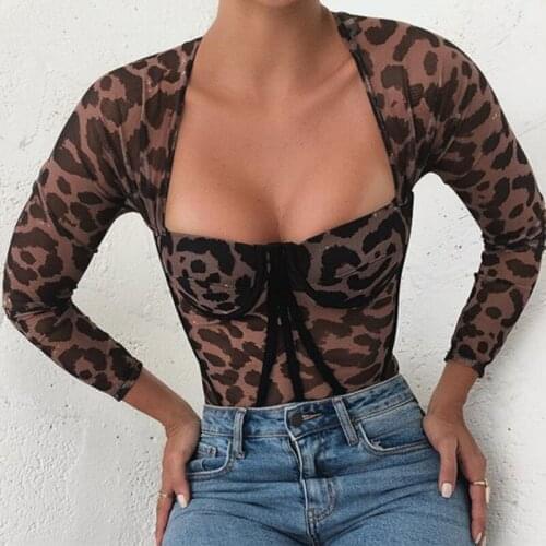Leopard Bodysuit Push up Body Jumpsuit Women Long Sleeve Bodycon Overalls Sexy Womens Body Romper Bodysuit for Women