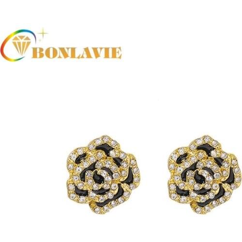 BONLAVIE Black Camellia Exquisite Fashion Advanced Temperament Design Ear Stud Earrings Flower Earrings Stud