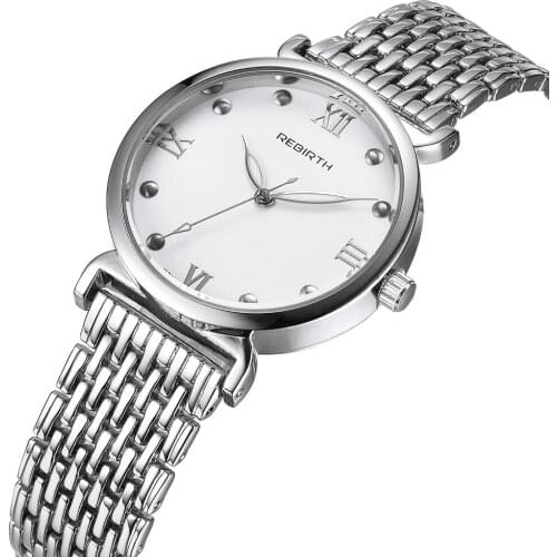 High Quality REBIRTH Brand Silver Stainless Steel Watches Roman Case Simple Quartz Female Clock Petal Pointer Ladies Dress Watch
